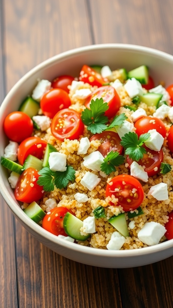 A vibrant Greek quinoa salad with tomatoes, cucumbers, feta, and olives in a bowl on a wooden table.